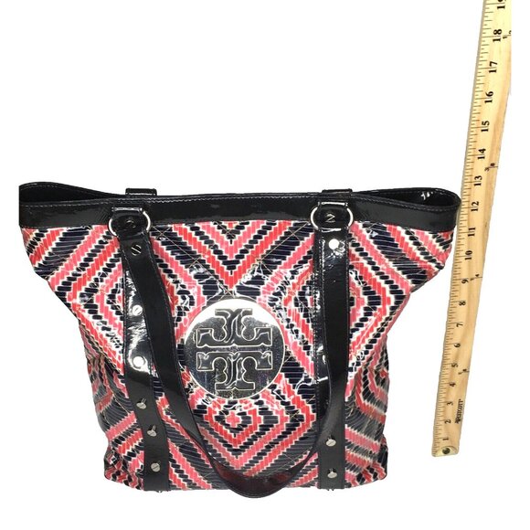 Tory Burch Quilted Pattern Studded Large Multicolor Geometric Patent Tote Bag - Picture 8 of 12